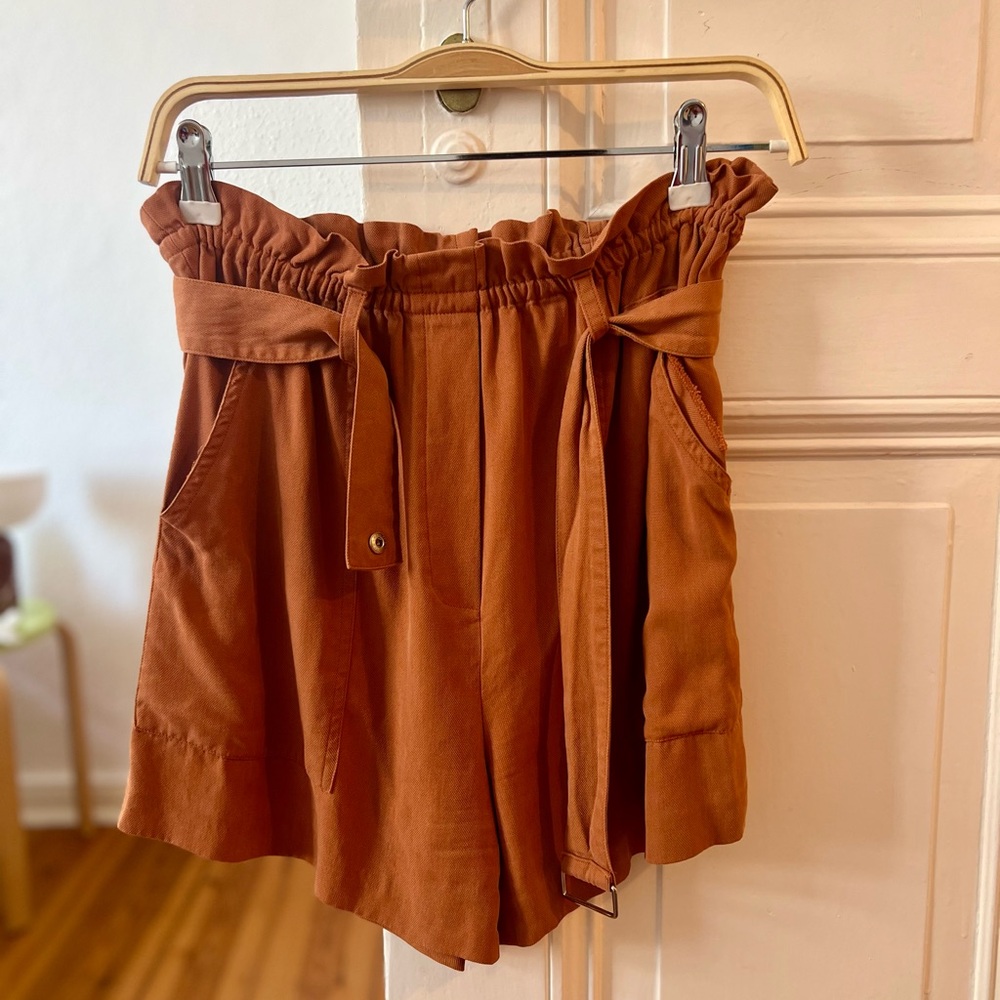 Zara High Waist Belted Terracotta Brown Elastic Soft Shorts Sz. Medium